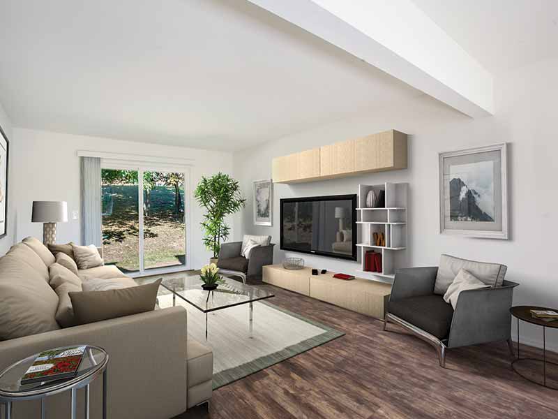 Spacious living area with hardwood floors in an Overlook At Flanders apartment